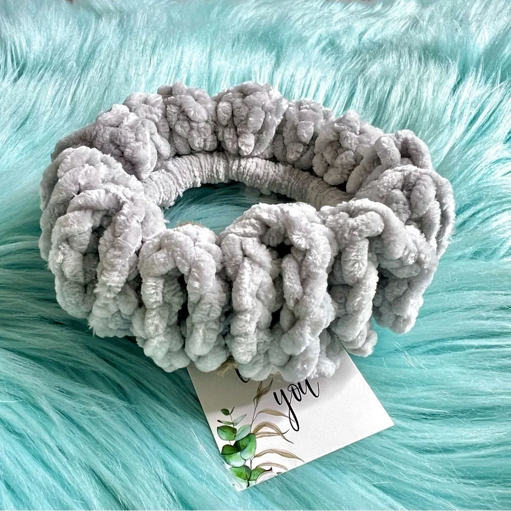 Handmade Jumbo VELVET Light Gray Chunky Crochet Hair Scrunchie PinkRainCloud